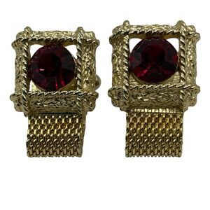 Red Rhinestone Cufflinks Gold‎ Tone Mesh Wrap Around Open Frame Rope Design VTG